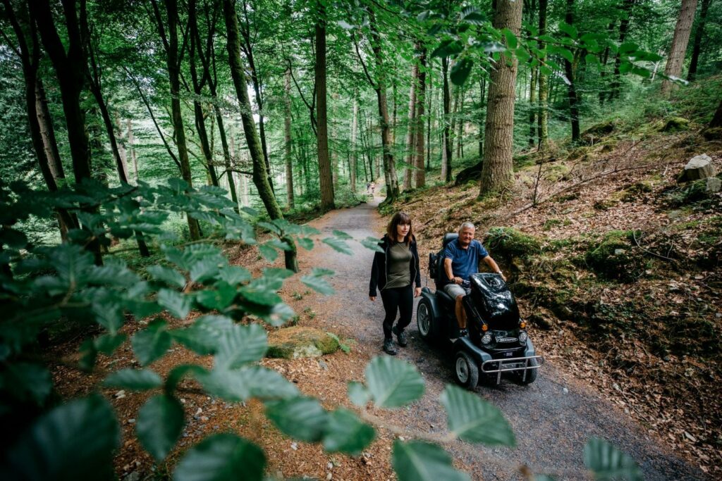 Man on tramper accompanied by female walker on a path through the woods of Coed y Brenin Forest Park