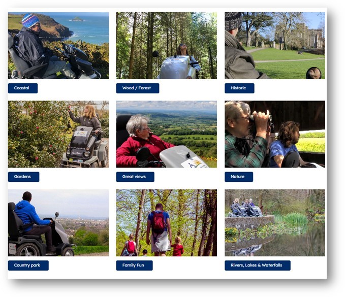 Blocks of images which show trampers in various settings including Coastal, Wood/forest, historic, gardens, views, nature, country park, family fun and rivers, lakes and waterfalls
