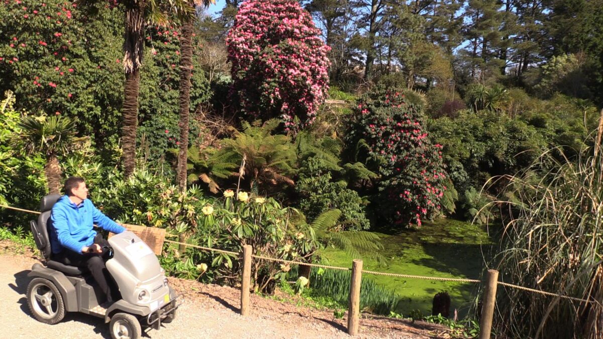 An all terrain mobility scooter goes along a pathway with beautiful gardens in the background